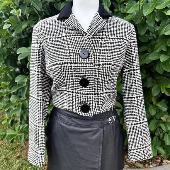 Vintage 60s Wool Houndstooth Cropped Blazer Black & White XS–S - Picture 4 of 16